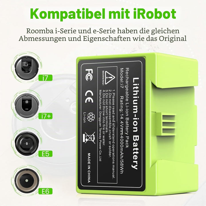 4000mAh Li-ion Akku für i7, ASUNCELL 14.4V Ersatzakku für iRobot Roomba e und i Serie i7 / i7+ i4/i4