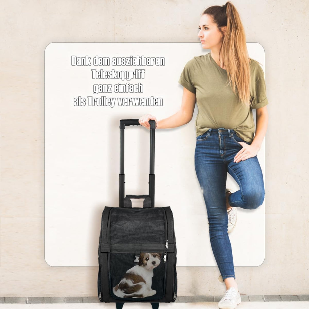 2IN1 Transporttasche mit Rollen bis 15kg Rucksack Trolley Hund Katze Hunderucksack Tasche (Schwarz),