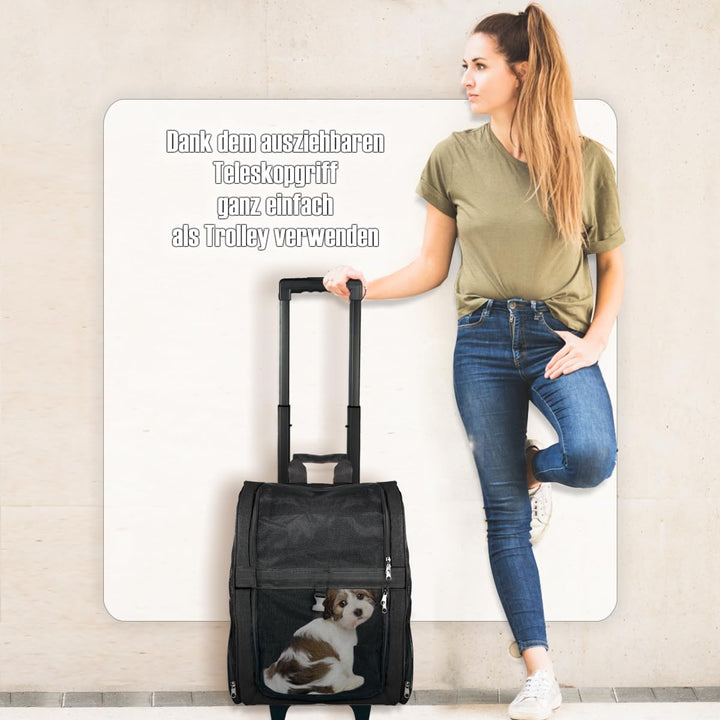 2IN1 Transporttasche mit Rollen bis 15kg Rucksack Trolley Hund Katze Hunderucksack Tasche (Schwarz),