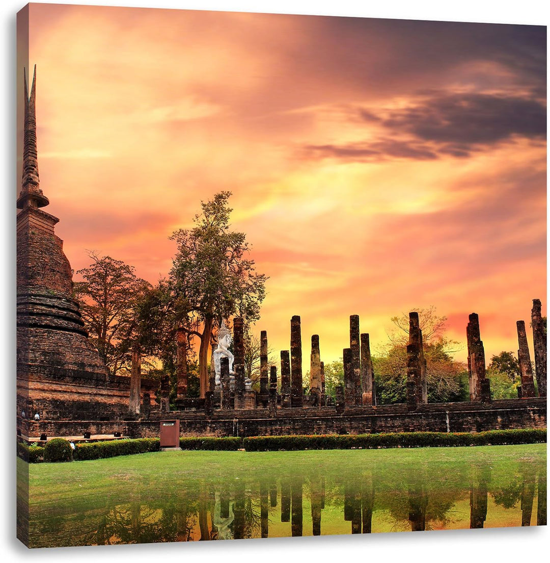 Pixxprint Buddha Tempel im Sonnenuntergang, Format: 70x70 auf Leinwand, 70x70