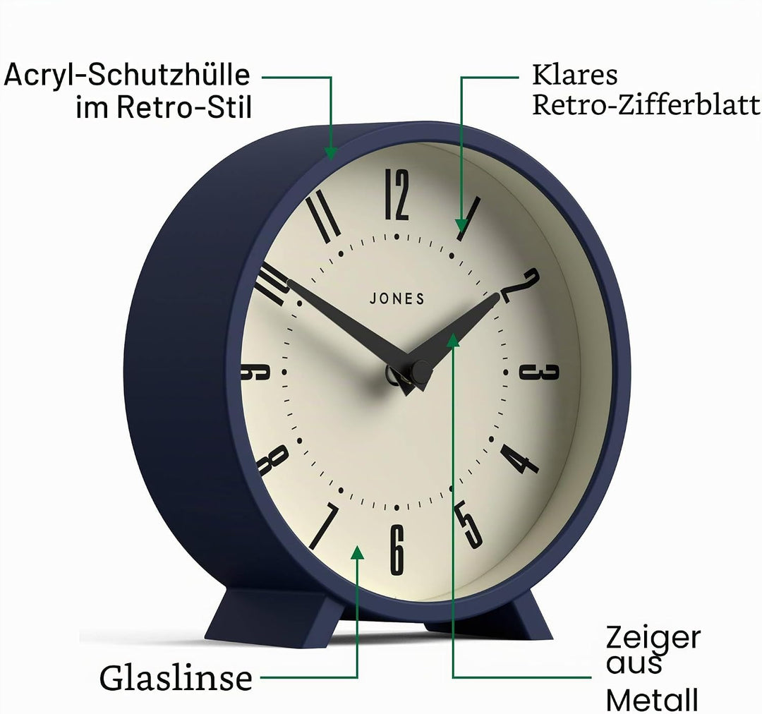 JONES CLOCKS® Schreibtischuhr 'Venus' – modernes rundes Design in Blau, stilvoller Retro-Look für Re