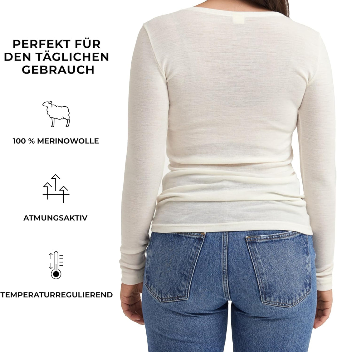DILLING Merino Langarmshirt für Damen - Extra Feine Unterwäsche aus 100% Bio Merinowolle 40 Natur, 4