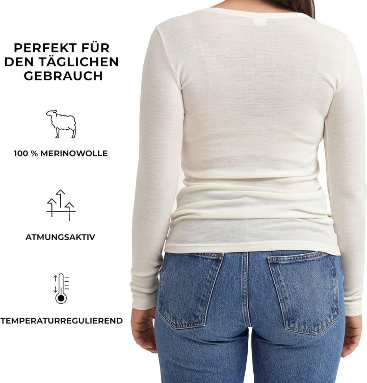 DILLING Merino Langarmshirt für Damen - Extra Feine Unterwäsche aus 100% Bio Merinowolle 40 Natur, 4
