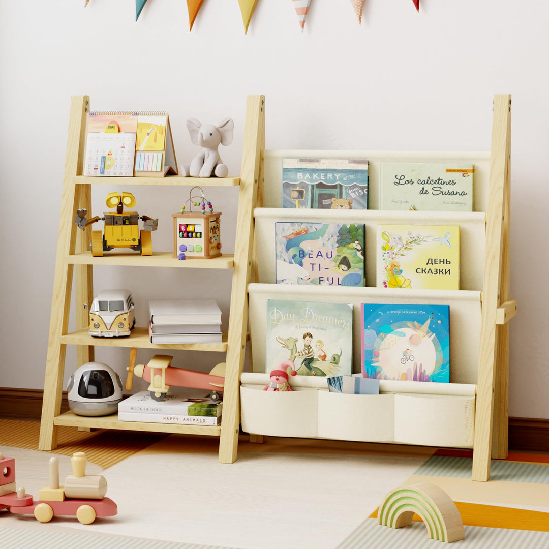 Bücherregal für Kinder, Holz, Vier Etagen Regal für Spielzeug Aufbewahrung, Montessori Bücherregal f