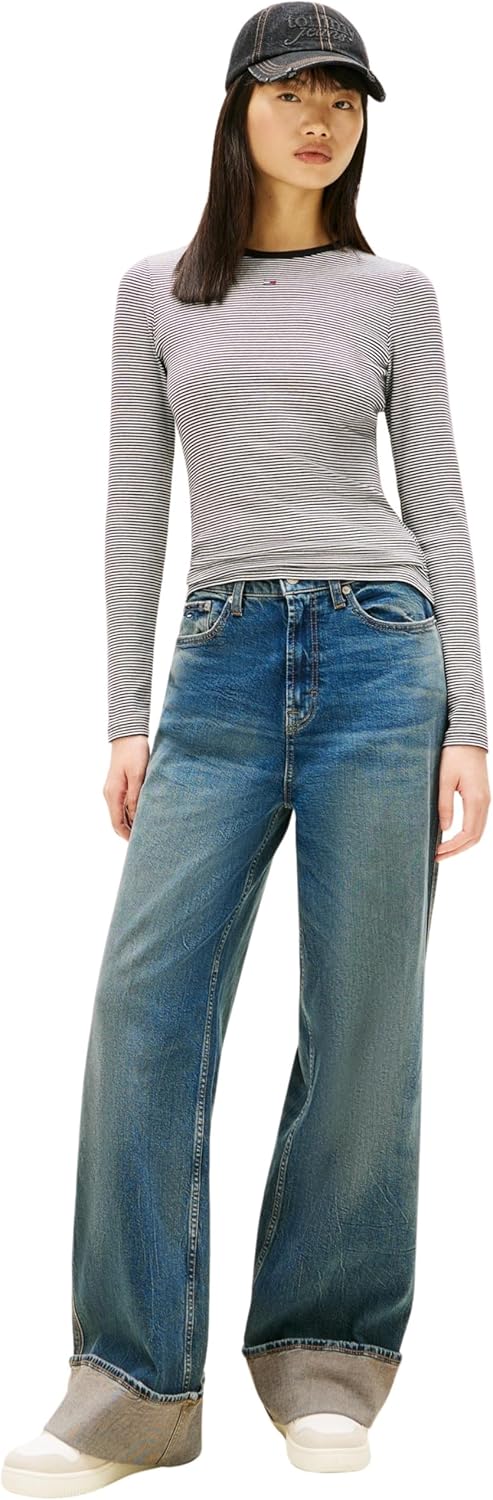 Tommy Jeans Damen Langarmshirt Slim Fit Essential aus Baumwolle XXS Black (Black/ Ecru Stripe), XXS