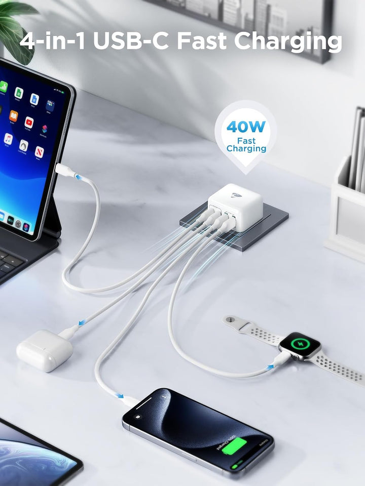 2-Pack USB C Ladegerät, 4 Ports Schnellladegerät PD 3.0 Power Adapter 40W Mehrfach Ladegerät mit USB