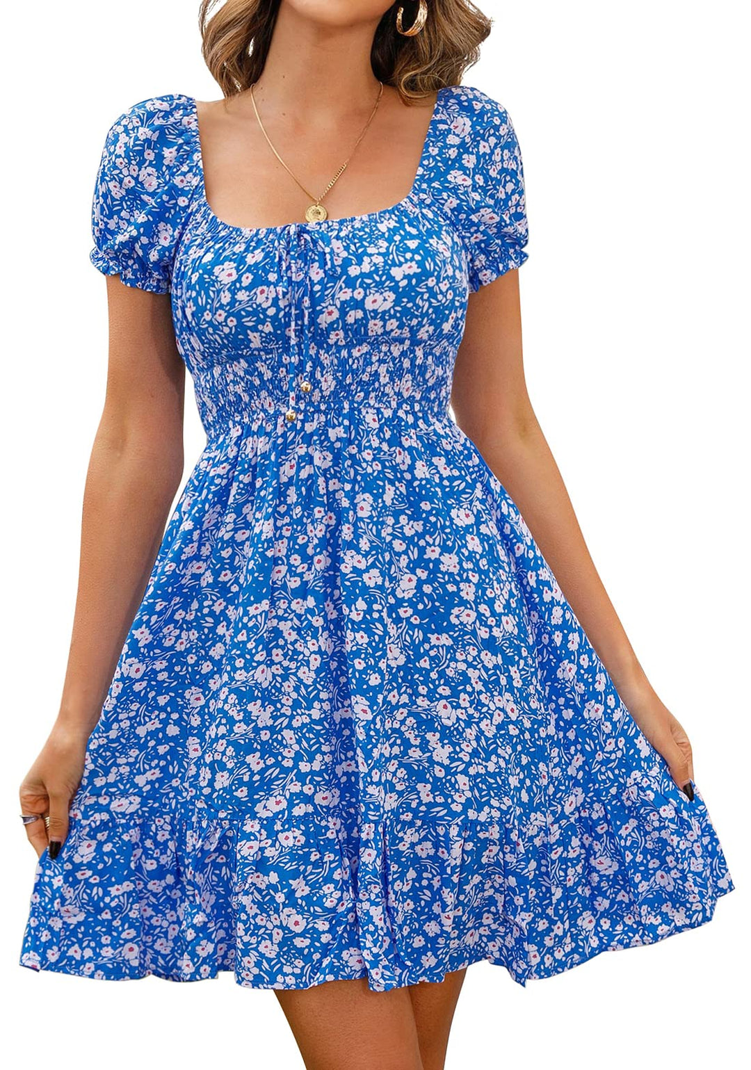 Livonmone Damen Kleid Lässig Sommerkleid Blumendruck Hohe Taille Kleider Puff Ärmel Retro Sexy Casua