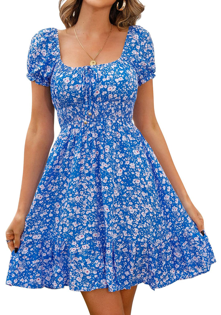 Livonmone Damen Kleid Lässig Sommerkleid Blumendruck Hohe Taille Kleider Puff Ärmel Retro Sexy Casua