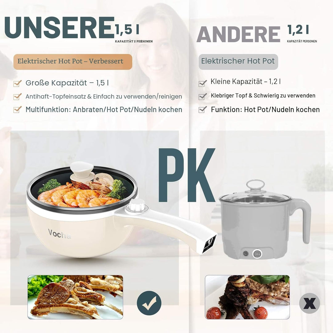 Vocha Elektrische Pfannen, Hot Pot, Antihaft-Bratpfanne Elektropfanne mit Glasdeckel, 1,5 l Mini-tra