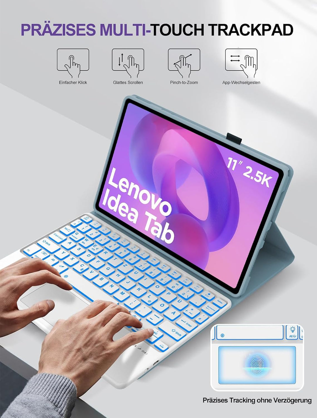 JADEMALL Für Lenovo Idea Tab 11 Hülle mit Touchpad &amp; Beleuchtung QWERTZ | Mit 7-Farben Beleuchtung &amp;