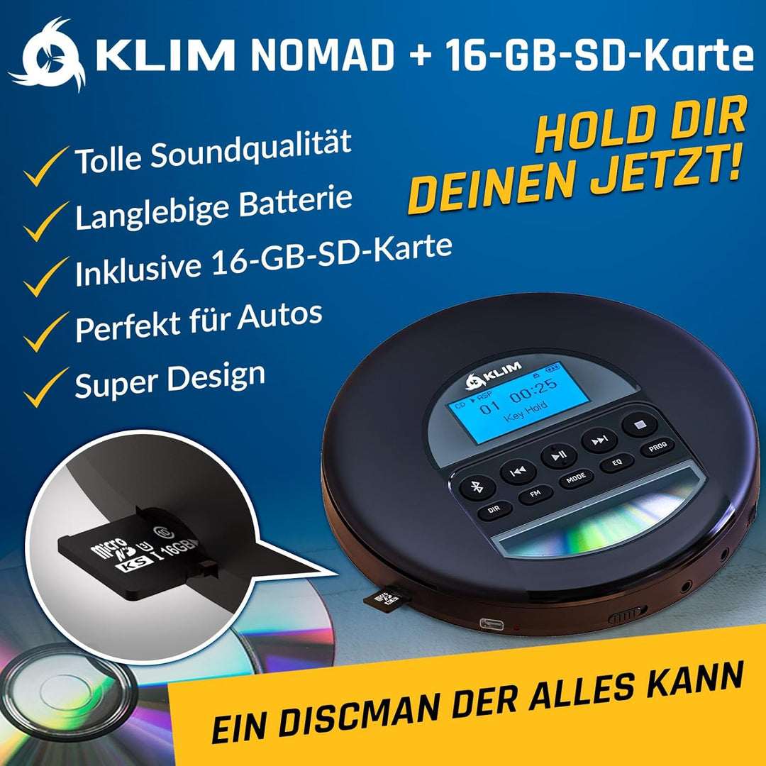 KLIM Nomad CD Player Bluetooth - Tragbarer CD-Player mit langlebigem Akku - Inklusive Kopfhörer - 16