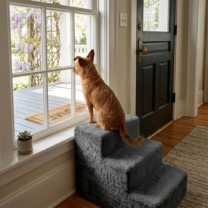 Relaxdays Hundetreppe, 3 Stufen, HxBxT: 36,5 x 35 x 45 cm, 50 kg, Abnehmbarer Stoffbezug, Hunderampe