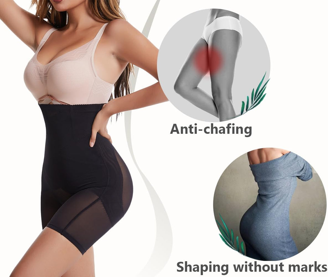 Damen Bauchweg Miederpants Shapewear Hohe Taille Unterhose mit Bein Figurformende Miederhose Stark F