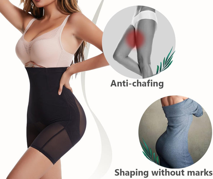 Damen Bauchweg Miederpants Shapewear Hohe Taille Unterhose mit Bein Figurformende Miederhose Stark F