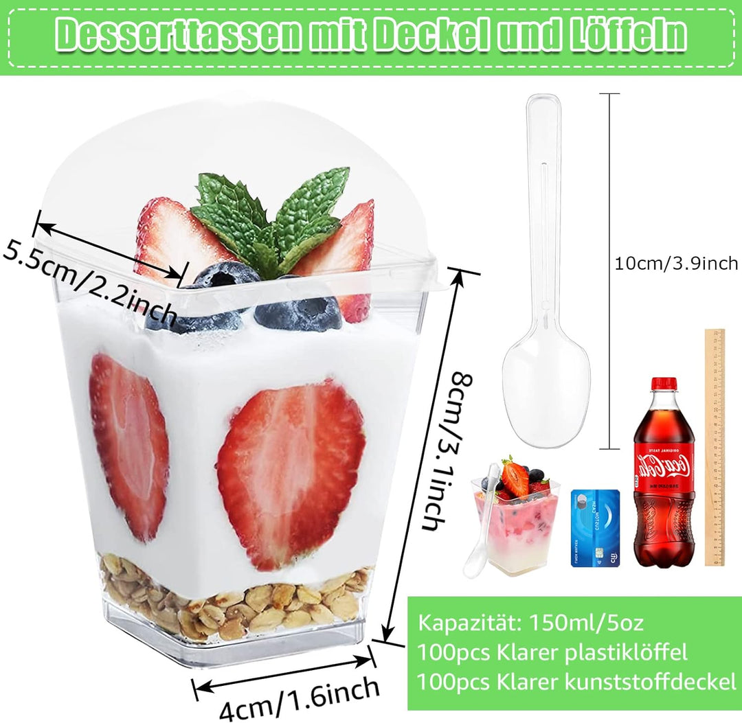 MIVIDE 100stk. Desserttassen mit Deckel und Löffeln, 150ml/5oz Dessertgläser Plastik, Quadratische D