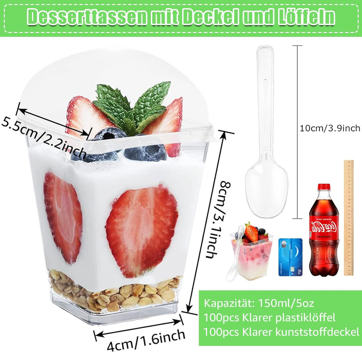 MIVIDE 100stk. Desserttassen mit Deckel und Löffeln, 150ml/5oz Dessertgläser Plastik, Quadratische D