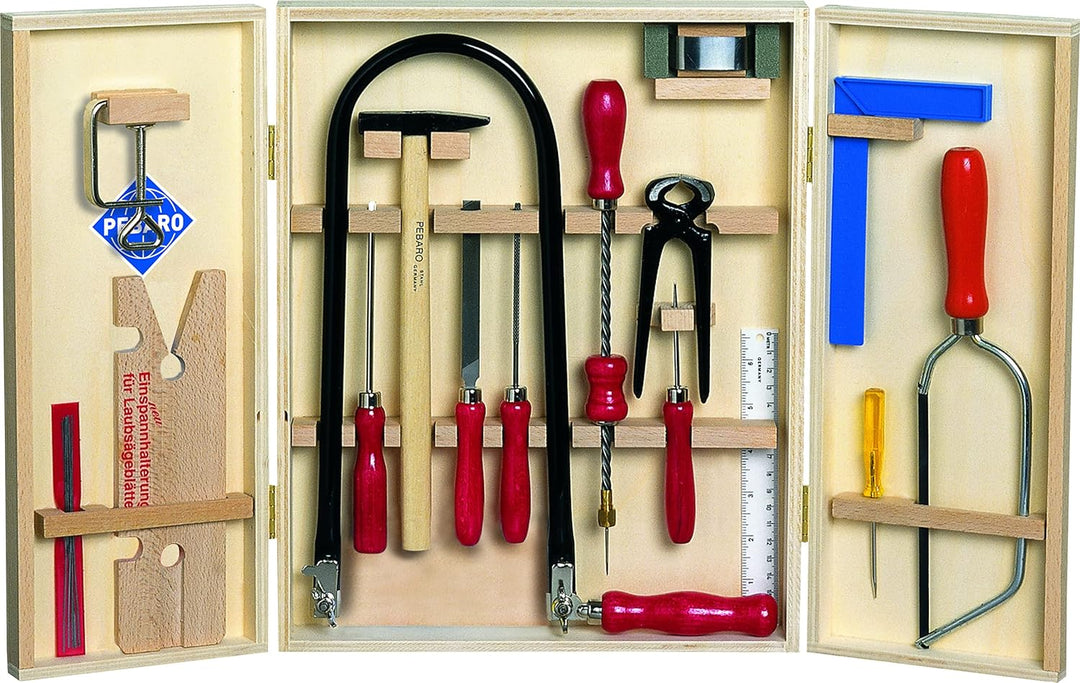 Pebaro 400 Qualitäts-Laubsägeschrank, 21 Teile, komplettes Set im Holzschrank, Stahlwerkzeuge, Laubs