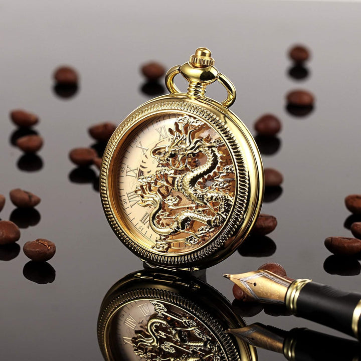 TREEWETO Unisex Taschenuhr mit Kette Analog Handaufzug Mechanisch Antik Drache Skelett Für Herren Da