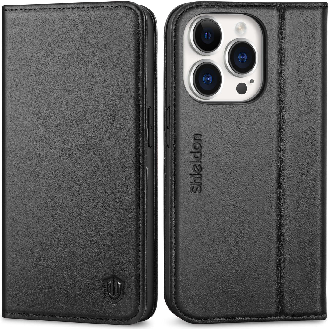 SHIELDON Hülle für iPhone 14 Pro 5G Handyhülle [Echtleder] [Kartenfach] [Magnet] [Standfunktion] [RF
