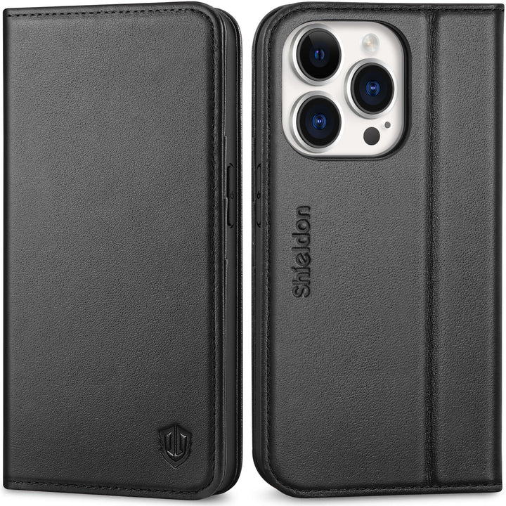 SHIELDON Hülle für iPhone 14 Pro 5G Handyhülle [Echtleder] [Kartenfach] [Magnet] [Standfunktion] [RF