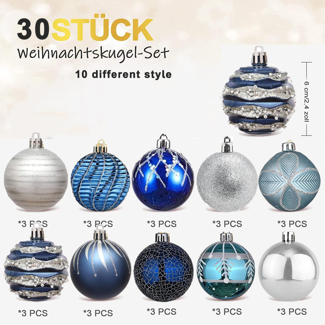 30 Stück Weihnachtskugeln Weihnachtsdeko Set Blau Gold,6cm Kunststoff Weihnachtsbaumkugeln Box mit A