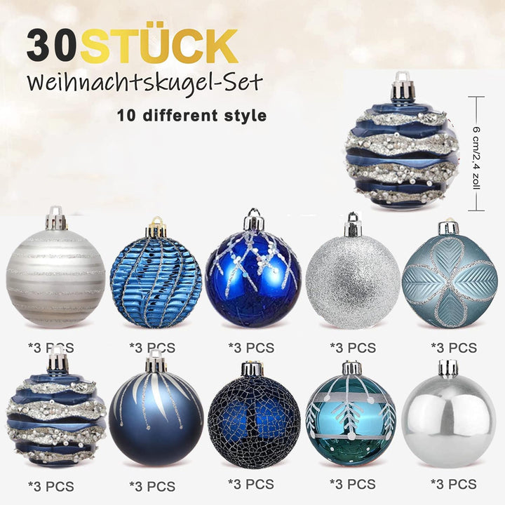 30 Stück Weihnachtskugeln Weihnachtsdeko Set Blau Gold,6cm Kunststoff Weihnachtsbaumkugeln Box mit A