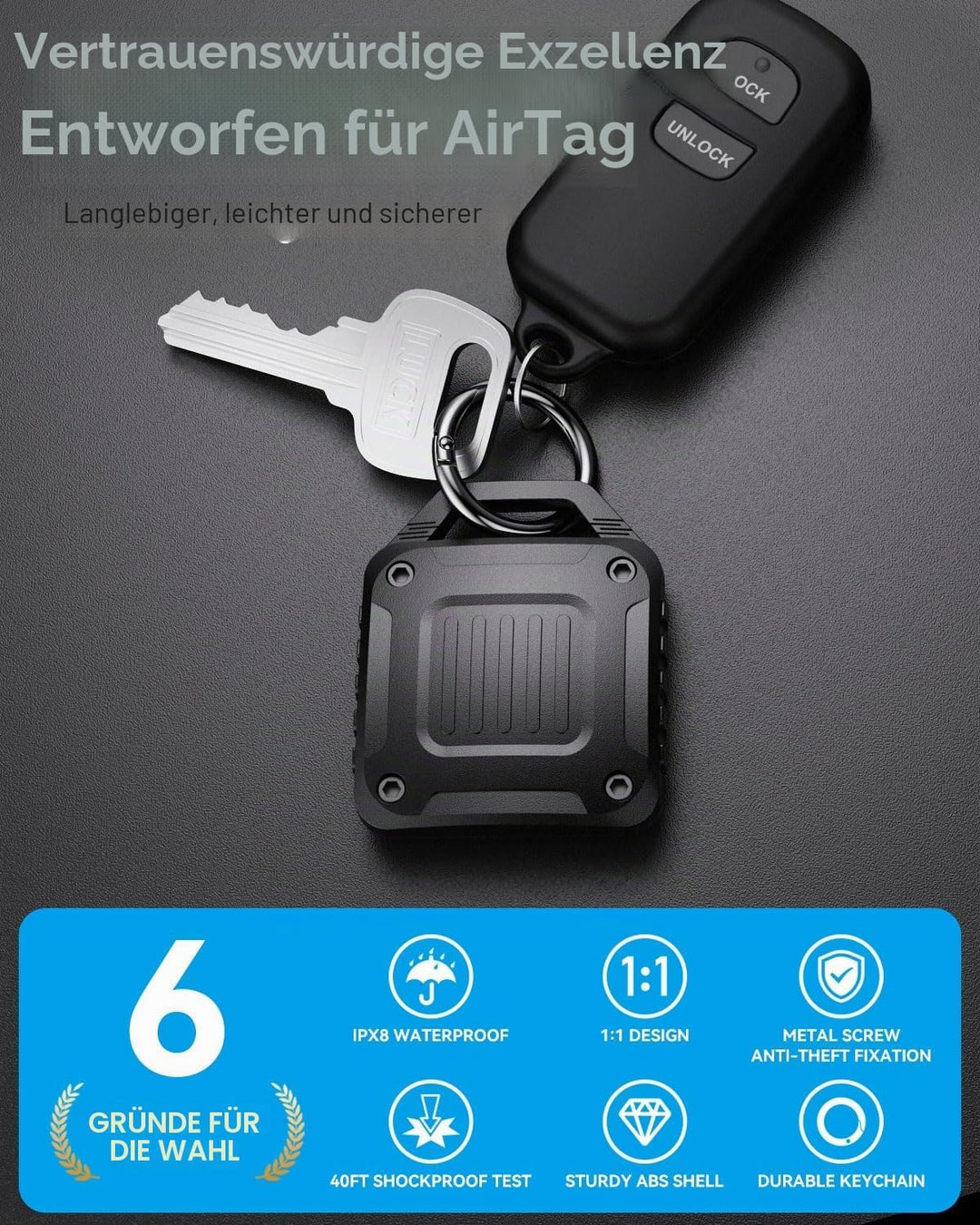 DDJ 4 Pack Air Tracker Tags Halter für Apple Airtag, IPX8 wasserdichte Schutzhülle mit Metall Schlüs