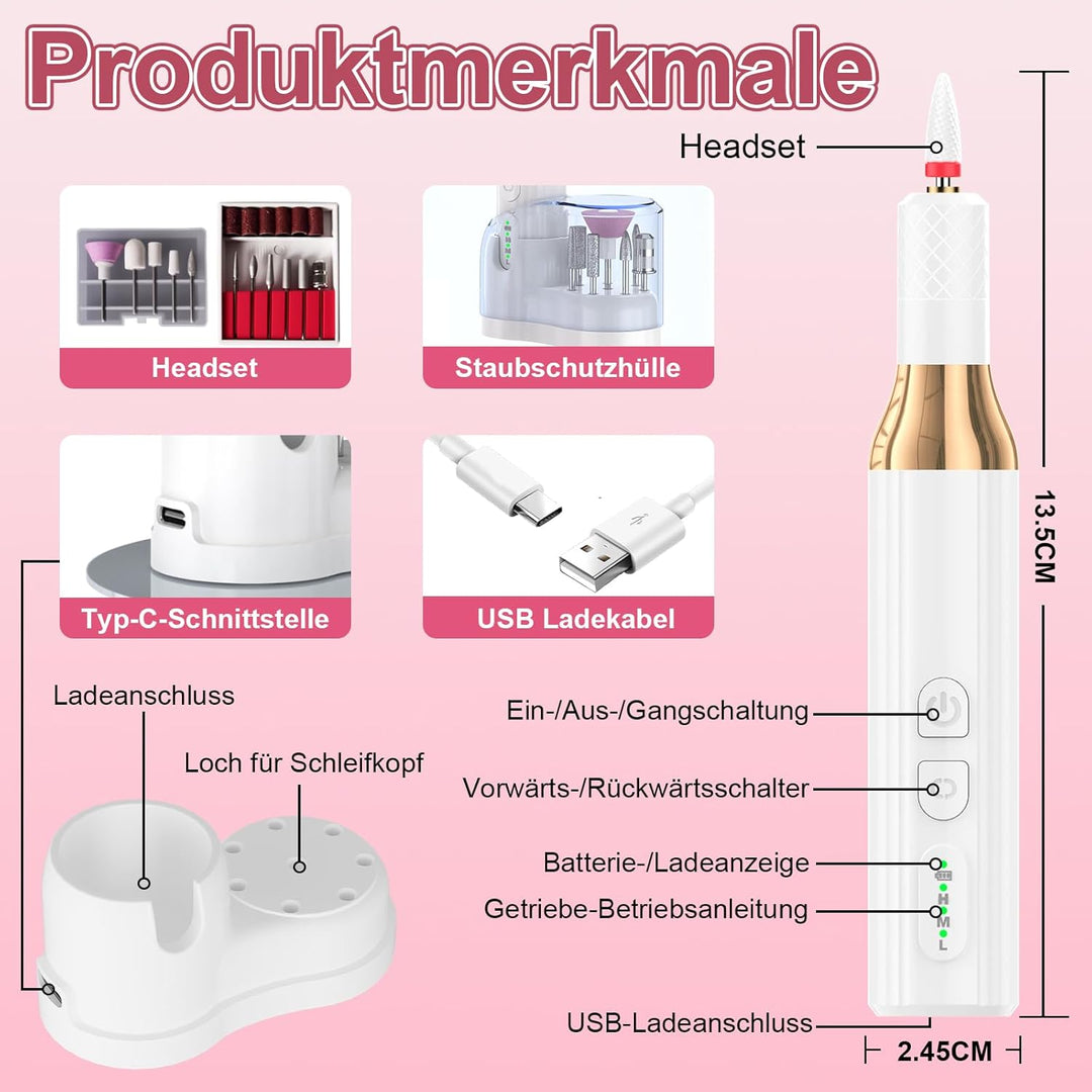 CIVPOWER Elektrische Nagelfräser für Gelnägel: Kabelloses Tragbares Nagelfeilen-Set für Acryl, Wiede
