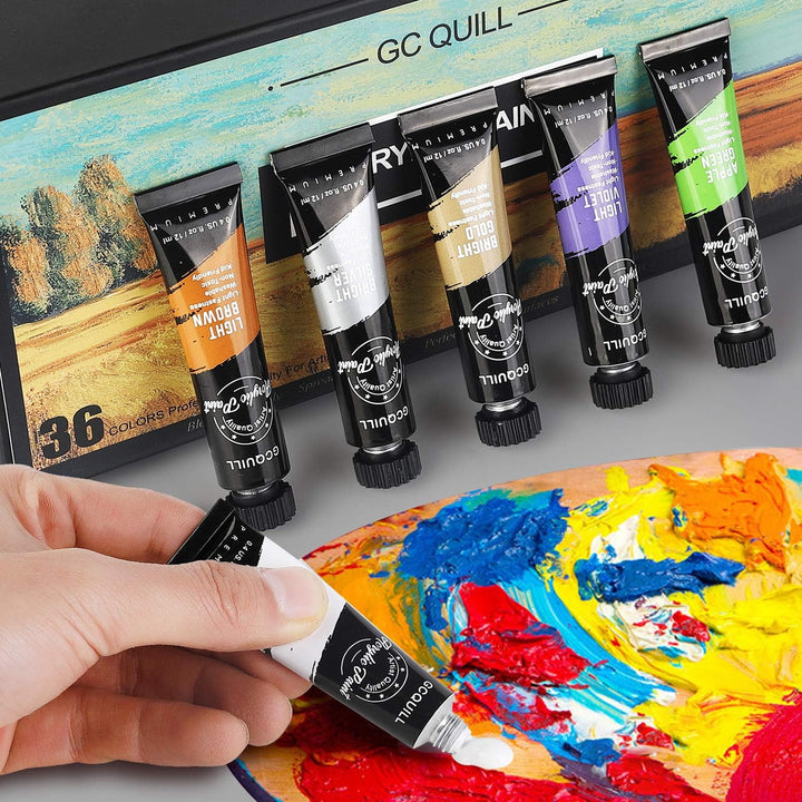 GC QUILL 36 Farben Acrylfarben Set 12 ml x 36 Tuben mit Pinseln, Palettenmessern, Leinwand, Staffele