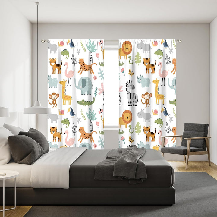 MESHELLY Cartoon-Safari-Dschungel-Tier-Vorhänge, 107x160 cm, Stangentasche, Wald, Wildtiere, Schlafz