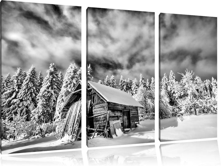 Pixxprint Monocrome, Holzhütte im Schnee 3-Teiler Leinwandbild 120x80 Bild auf Leinwand
