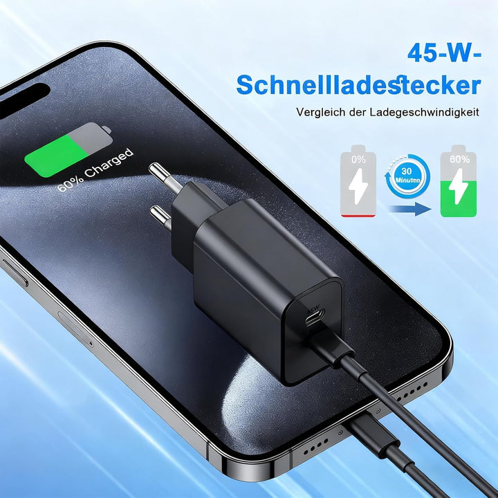 2Pack 45W Dual Port USB C Ladegerät, iPhone 17/16/15 Ladegerät mit 3M langem USB C Ladekabel, PD Sch