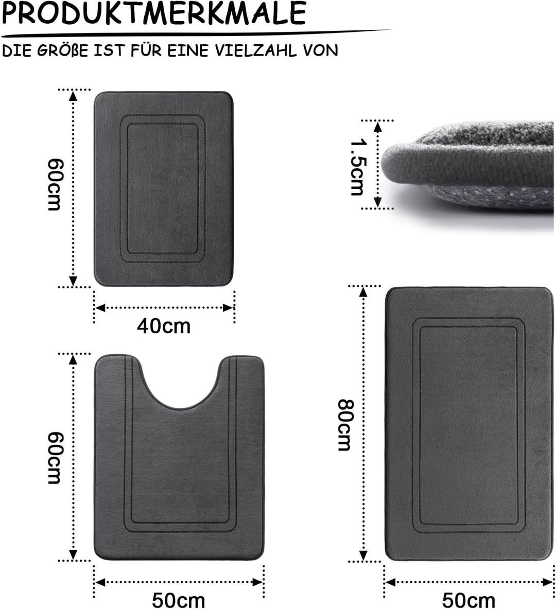 chakme Badezimmerteppich Set 3 Teilig, Weiche Memory-Schaum Badematte und U Förmige wc Vorleger, Bad