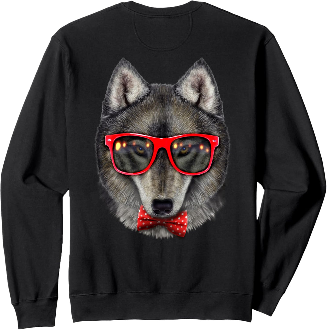 Grauer Wolf, der rote Retro-Sonnenbrille mit Fliege trägt Sweatshirt