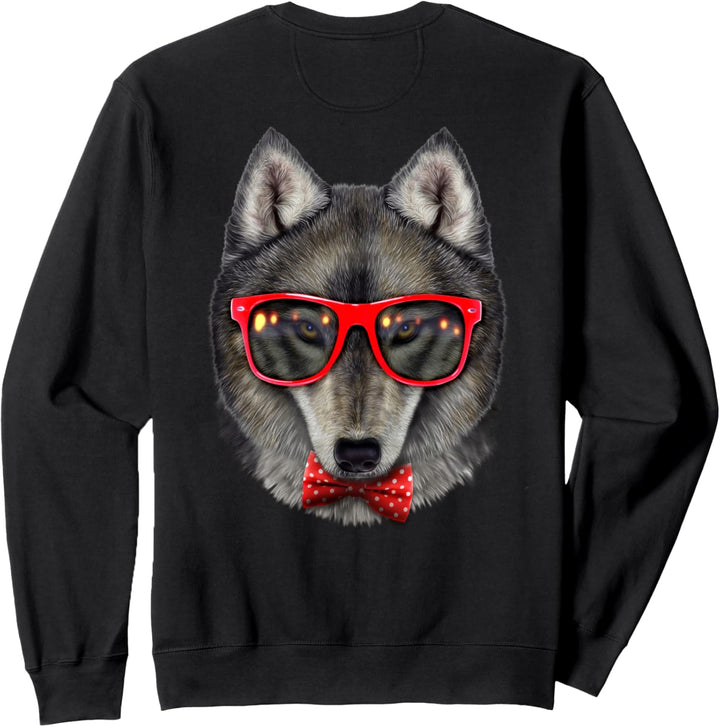 Grauer Wolf, der rote Retro-Sonnenbrille mit Fliege trägt Sweatshirt