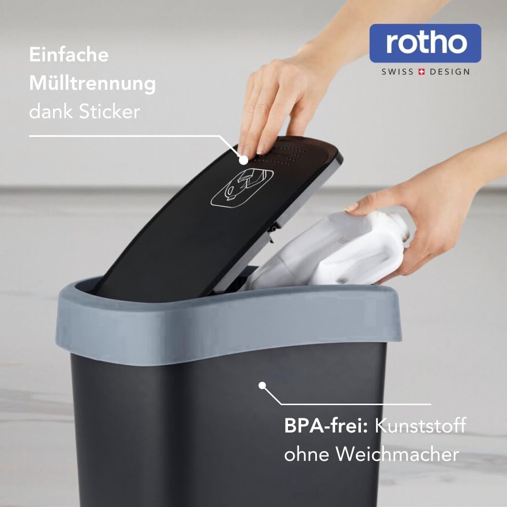 Rotho Twist Mülleimer-Set, 3 Stück, mit Klappdeckel, BPA-frei, schwarz/silber, 10L, 25L und 50L