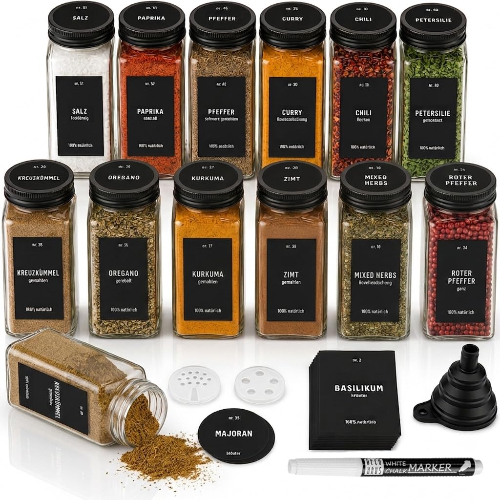 Deco haus® Gewürzgläser eckig mit Schraubkappe 12er Set [+Etiketten &amp; Streueinsatz] - Gewürzdosen Se