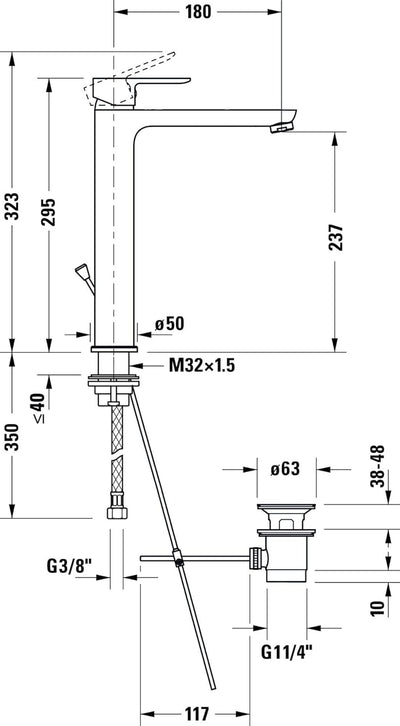 Duravit A.1 Waschtischarmatur, Grösse XL (Auslauf Höhe 237 mm), Wasserhahn Bad mit Zugstangen-Ablauf