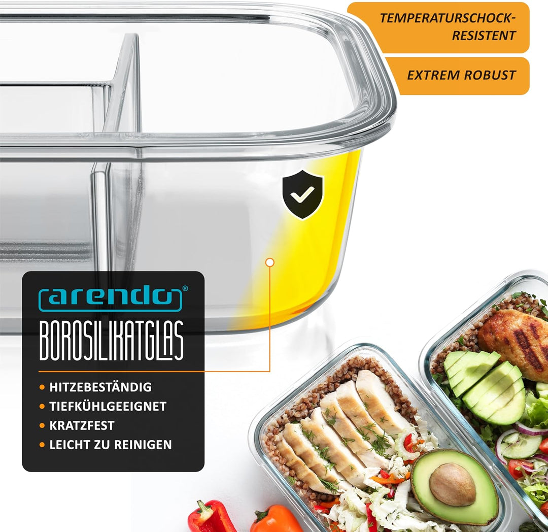 Arendo - Lunchboxen Glas - 3 Fächer - Frischhaltedosen für Lebensmittel mit Deckel luftdicht - 2er S