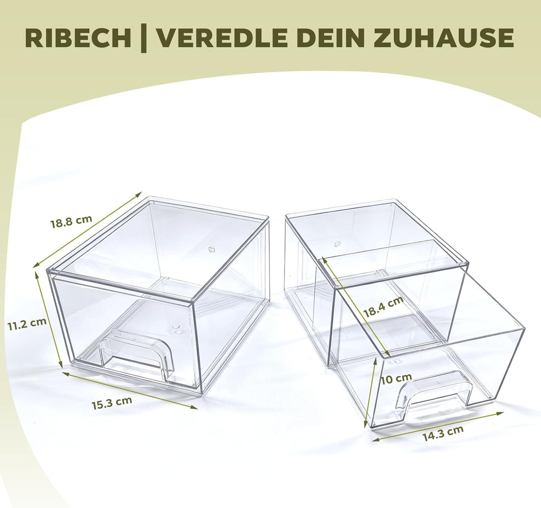 4er-Set Stapelbare Aufbewahrungsschubladen aus Acryl, Transparent mit Griffen, Einfache Montage für