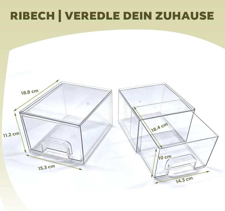 4er-Set Stapelbare Aufbewahrungsschubladen aus Acryl, Transparent mit Griffen, Einfache Montage für