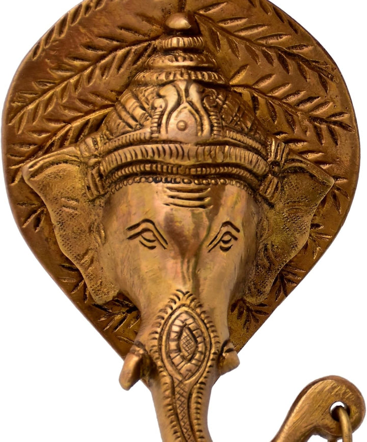 Purpledip Brass Wall Hanging Antique Finish Ganesha Bell (Set Of 2): Symmetrical Heads For Peace, Ha