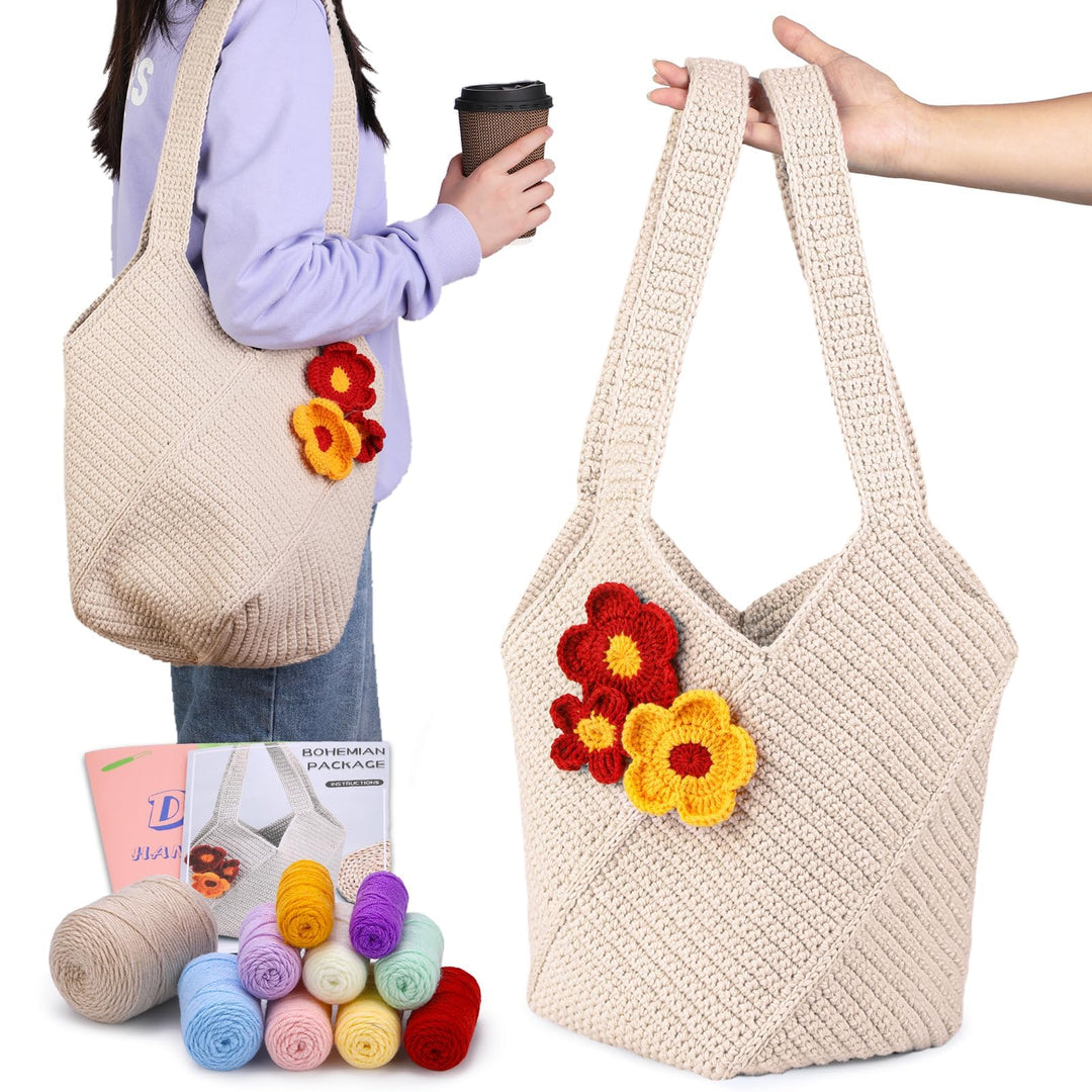 Deudy Pnytty Häkeltaschen-Set für Anfänger, komplettes Starter-Set mit Garn, Haken und Schritt-für-S
