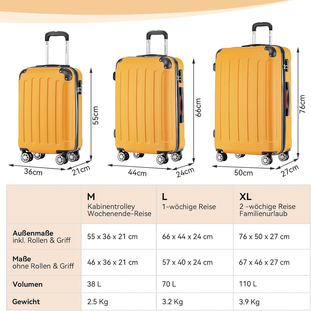 BEIBYE Hartschalen-Koffer Trolley Rollkoffer Reisekoffer Handgepäck 4 Rollen (M-L-XL-Set) (Orangen,