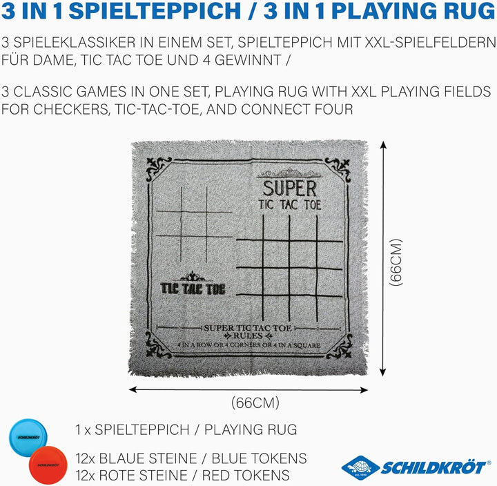 Schildkröt® Spielteppich 3 in 1 Spielfeld, XXL Dame, Tic Tac Toe und 4 Gewinnt, mit 24 Spielsteinen,