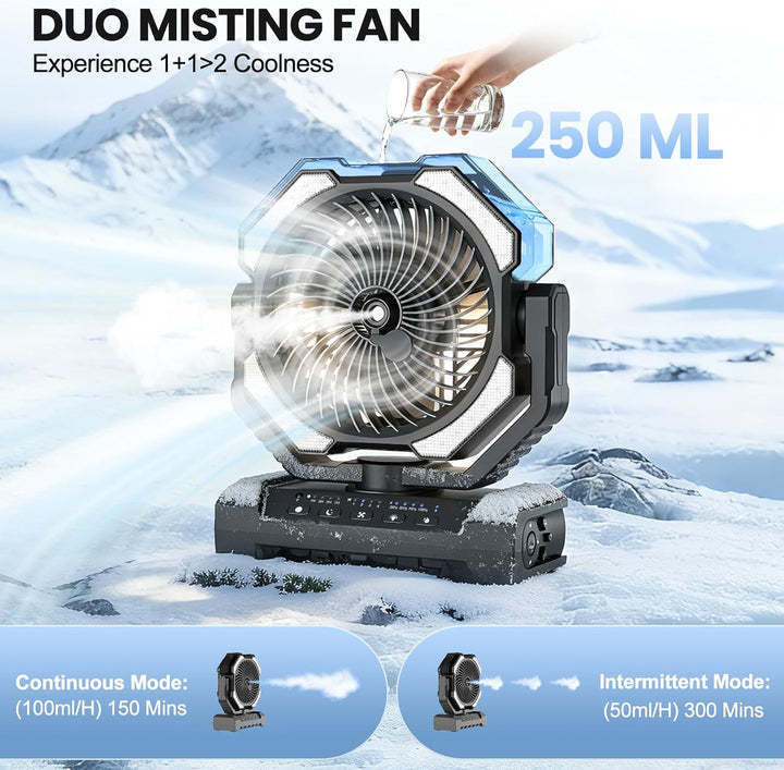 Camping Ventilator mit Sprühkühlung，Akku 20000 mAh & Fernbedienung, 250ml Tank, LED Licht, Aufhängeh