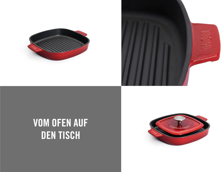 Woll Iron Grillpfanne viereckig mit Rillen, inkl. Steakpresse und Silikongriffen - Induktiv -, 24 x