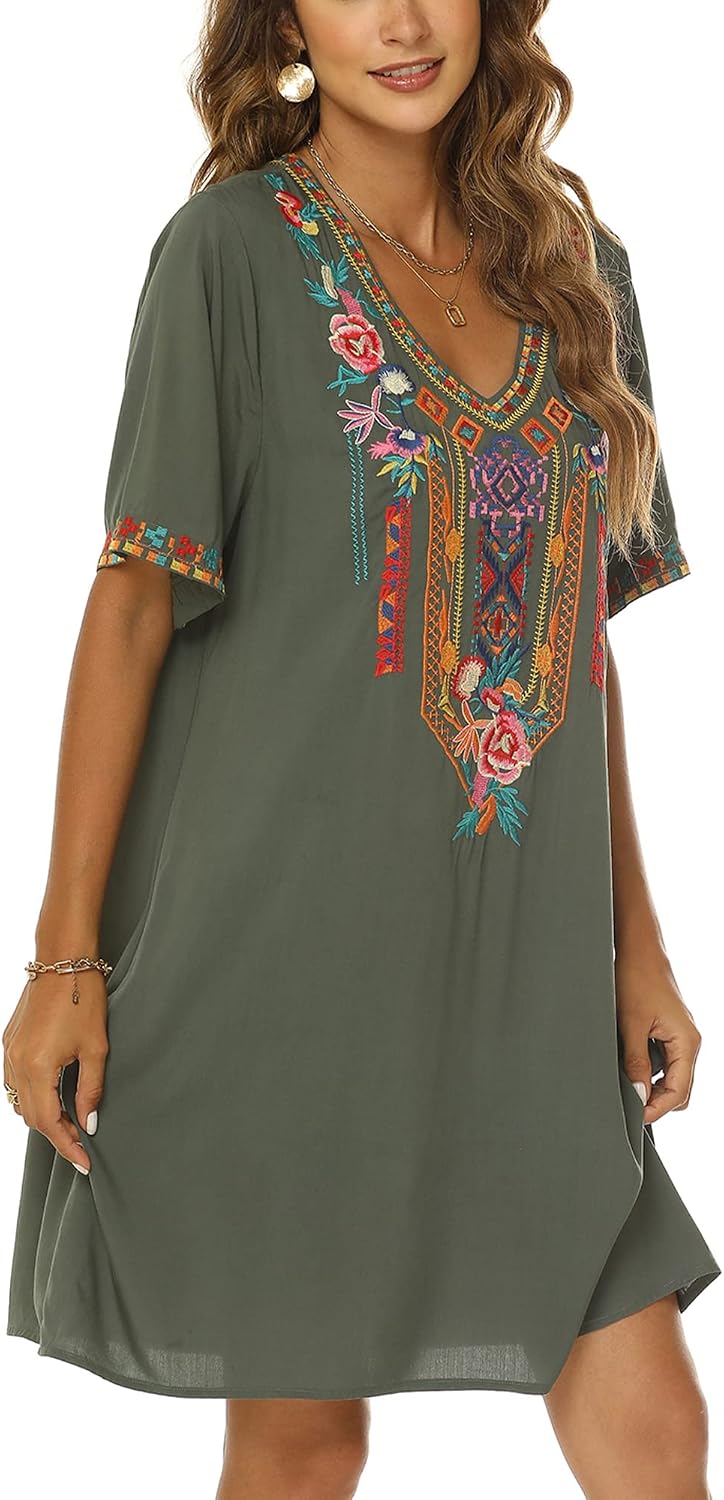 Vakakado Frauen Sommer Boho Mexican Peasant Dress Kurzarm Floral Bestickte Flowy Kleider Lose Hippie