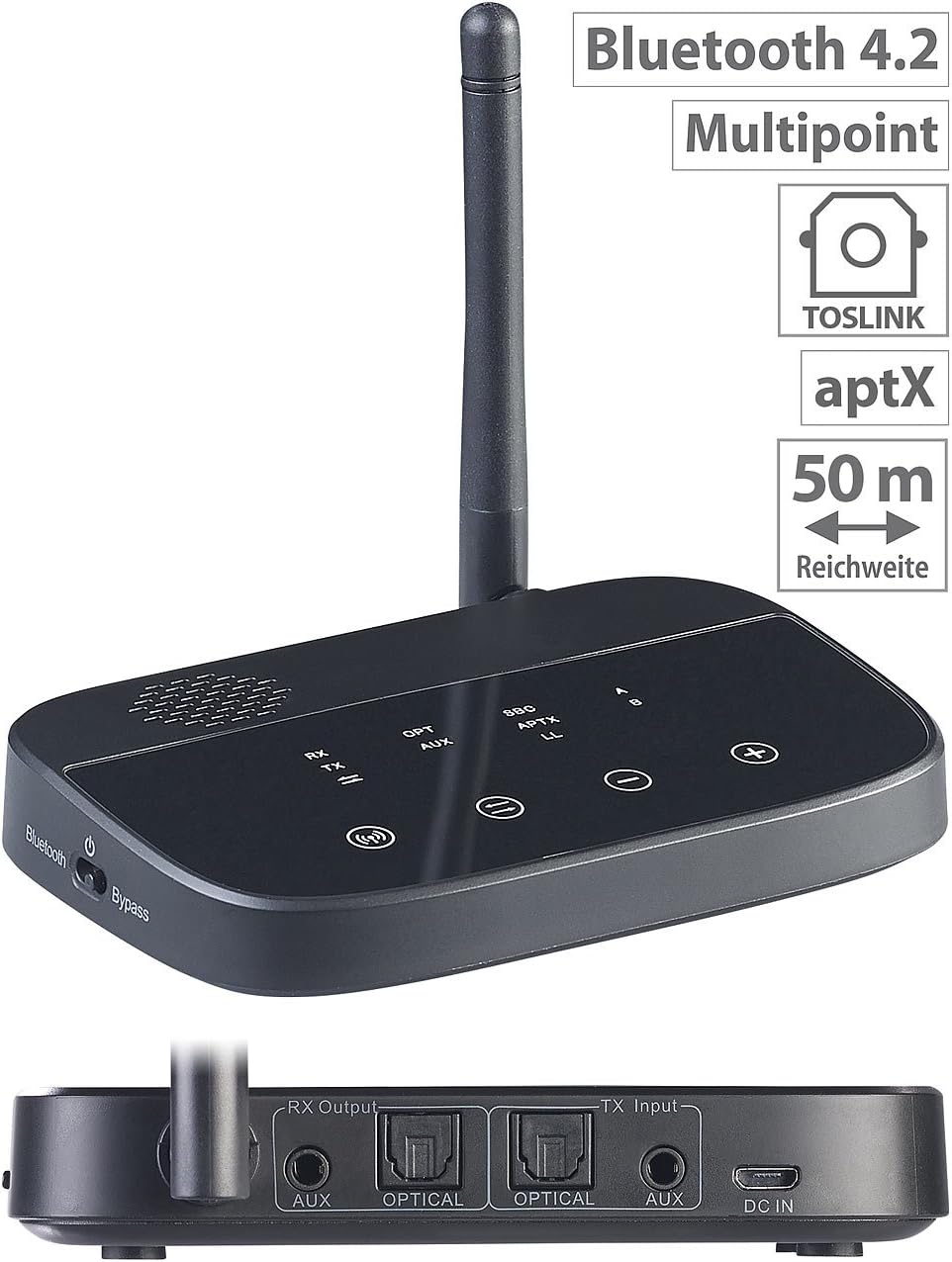 auvisio Transmitter, Bluetooth: 2in1-Audio-Sender & -Empfänger, Bluetooth 4.2, aptX, 100 m Reichweit