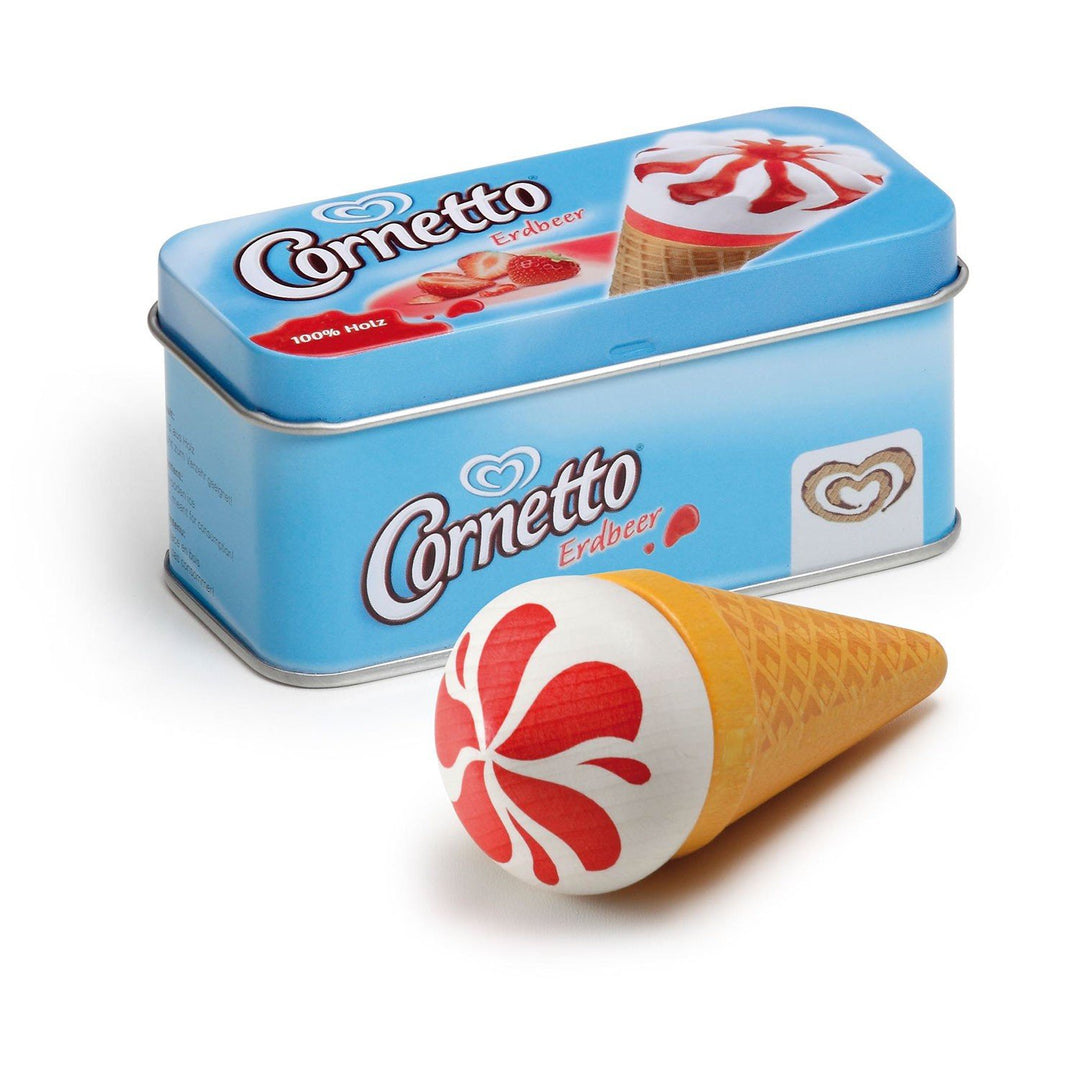 Erzi 14005 EIS Cornetto Erdbeer aus Holz in der Dose, Kaufladenartikel für Kinder, Rollenspiele